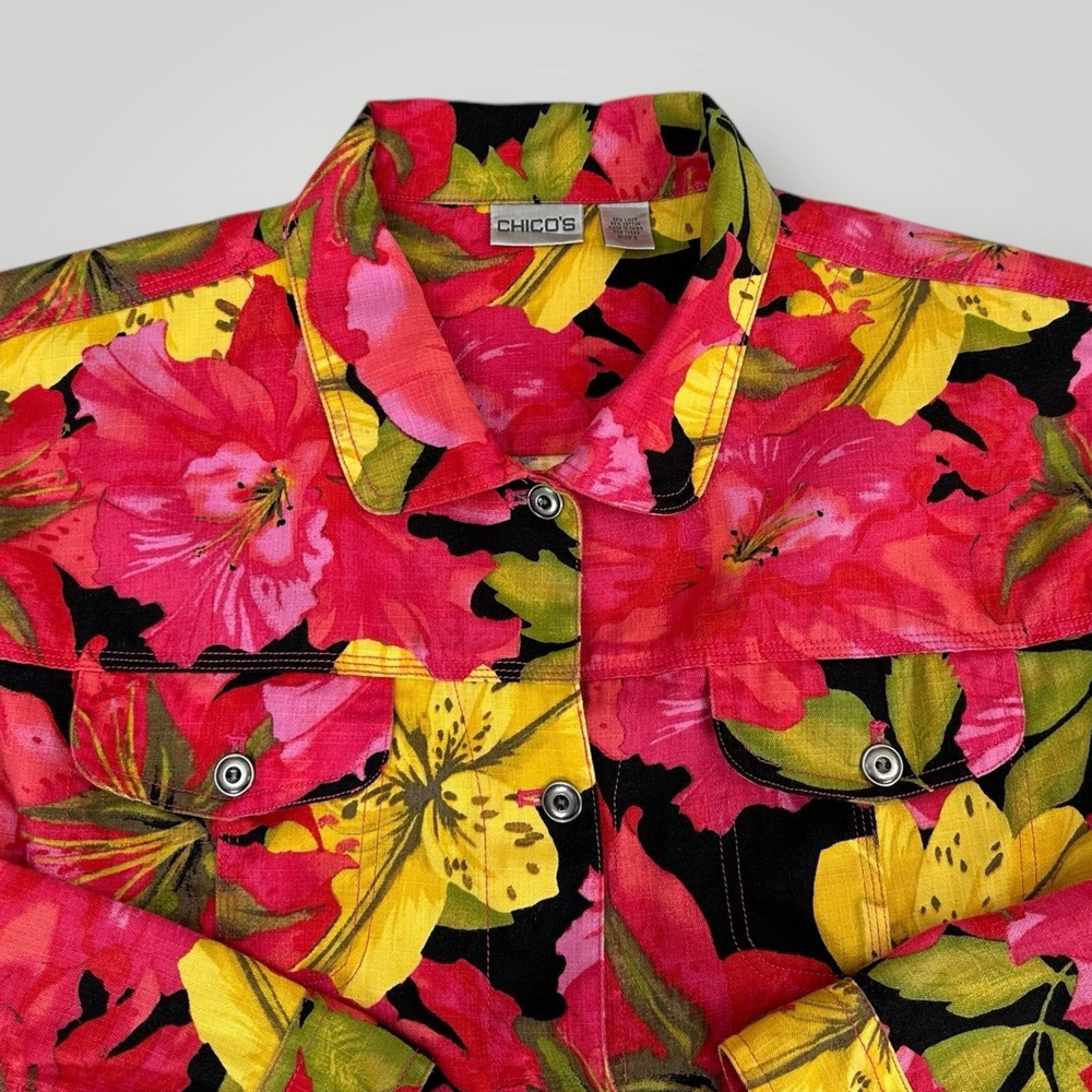 Chico's Linen Blend Jacket Floral Multicolor Womens XL Colorful Art To Wear Boho